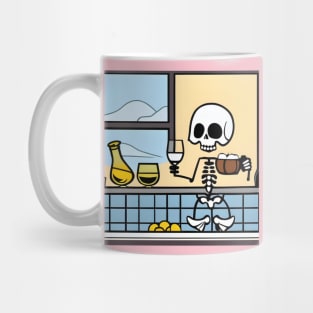 Skeleton in kitchen drinking wine and eating Mug